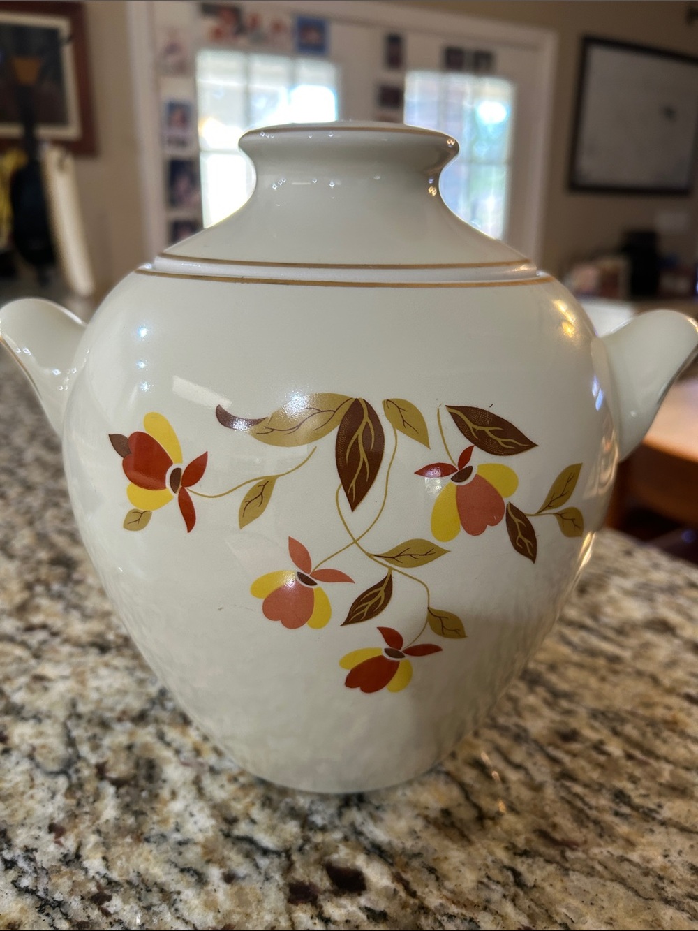 Hall China "Autumn Leaf" cookie jar in the Eva Zeisel-style "big ear" design